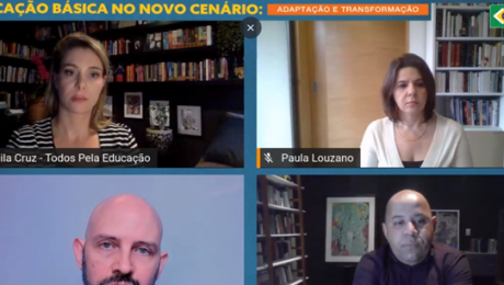 Mosaico de Priscila Cruz, Paula Louzano e mais 2 pessoas em transmissão online - crise