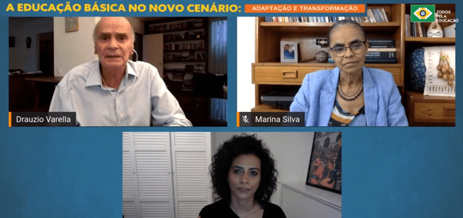 mosaico de 3 pessoas durante reunião online, com Drauzio Varella e Marina Silva - papel da educação