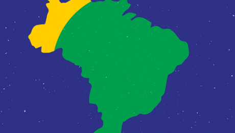 ilustração do mapa do brasil em verde e amarelo sobre fundo azul