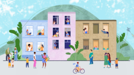 ilustração de uma com 3 prédios e pessoas espalhadas pelas áreas, andando a pé, de bicicleta e nas janelas