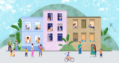 ilustração de uma com 3 prédios e pessoas espalhadas pelas áreas, andando a pé, de bicicleta e nas janelas