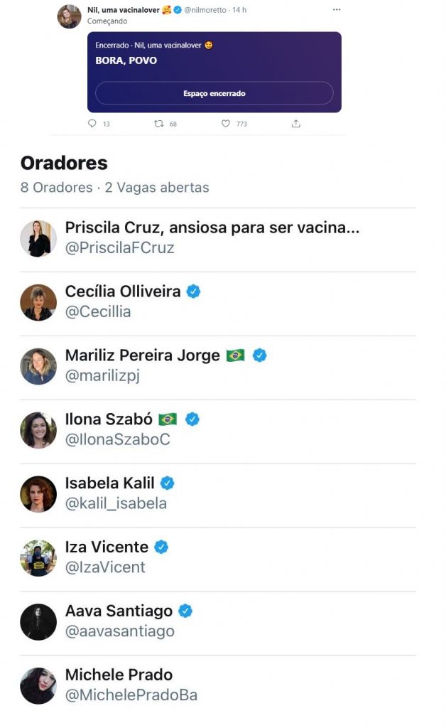 Tweet de Nil Moretto convida: "Bora povo". Abaixo, "Oradores", fotos de 8 mulheres convidadas para o bate-papo no Twitter.