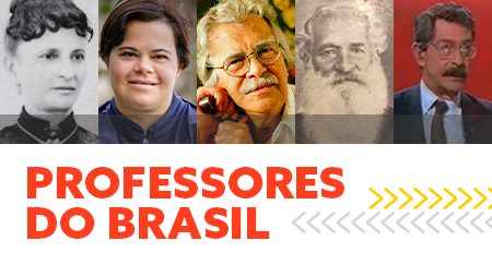 Fotos de professores notáveis lado a lado e texto professores do brasil
