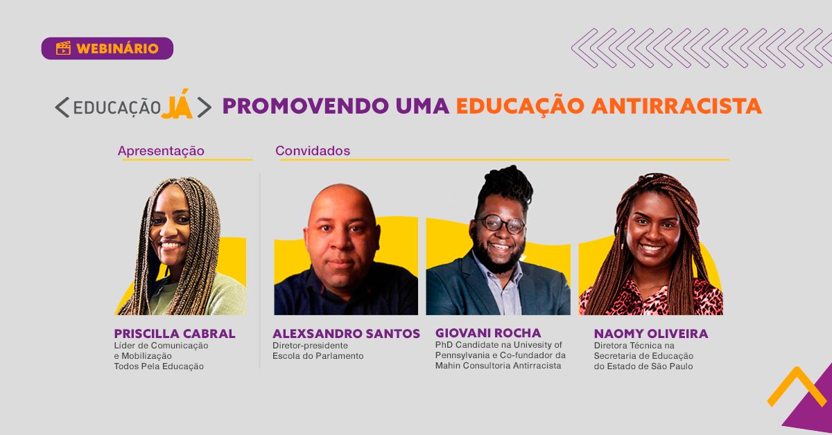 Arte do Webinário sobre Educação Antirracista com as fotos quatro pessoas negras: Priscila Cabral, Alexsandro Santos, Giovani Rocha e Naomy Oliveira