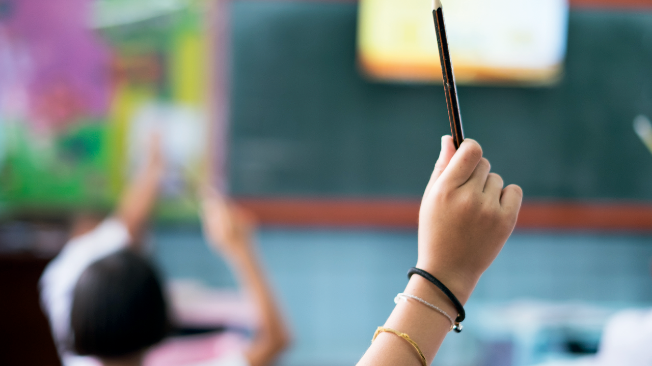 Foto de uma sala de aula, em primeiro plano uma mão, branca, levantada segurando um lápis. Em segundo plano, em desfoque, outras crianças com a mão levantada.