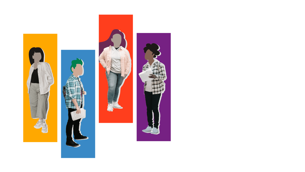 4 ilustrações de jovens diferentes, cada um dentro de um retângulo vertical colorido