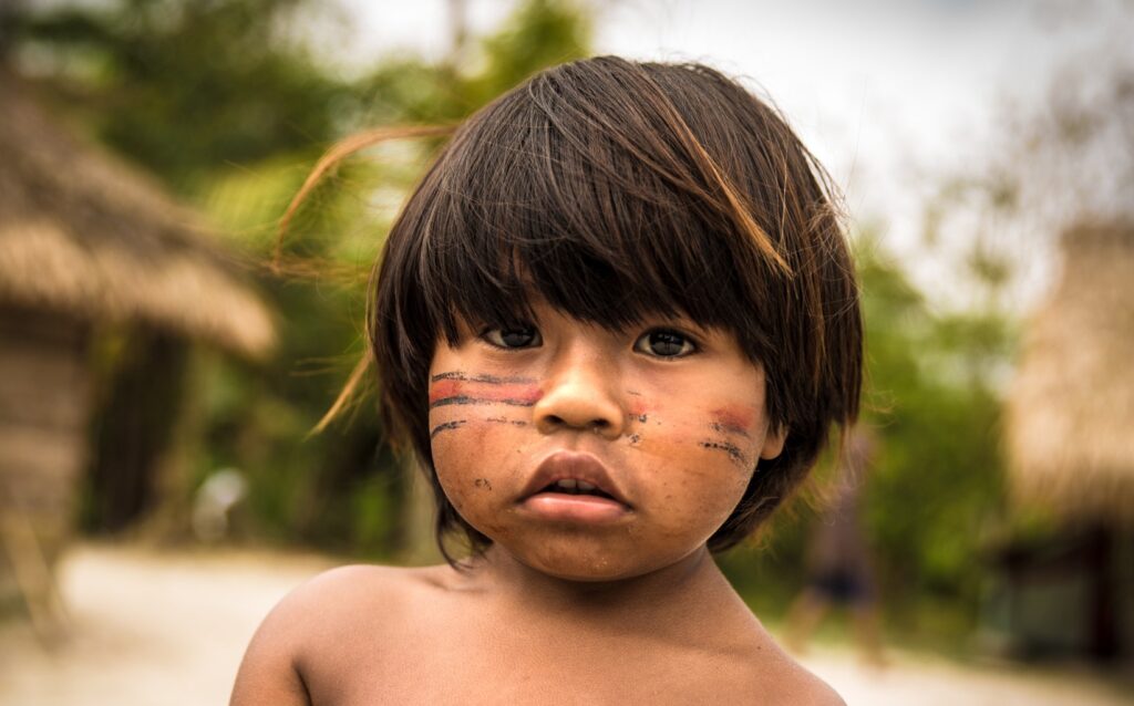 jovem garoto indígena, com cabelos escuros . No rosto, ele tem uma pintura tribal. Ao fundo, vegetação desfocada.