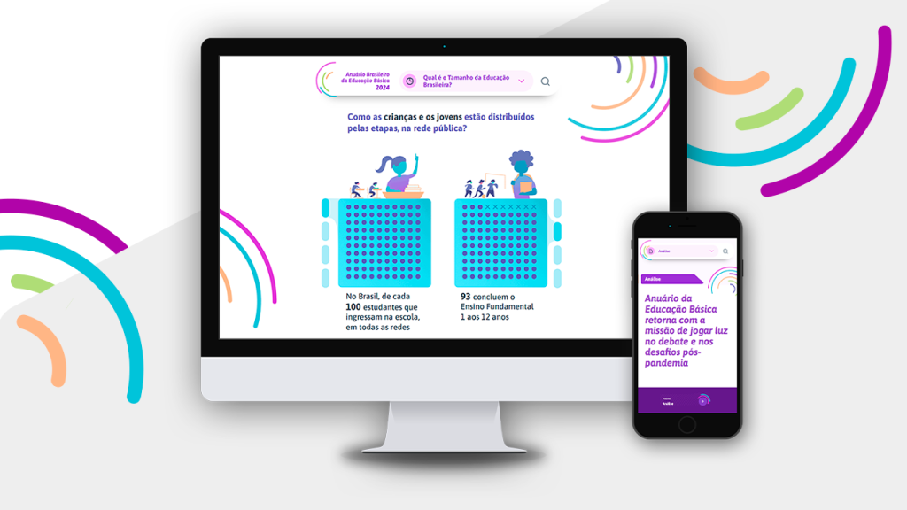 interface digital do "Anuário Brasileiro da Educação Básica 2024" em um computador e um celular, contra um fundo roxo com elementos coloridos em formas de arcos.