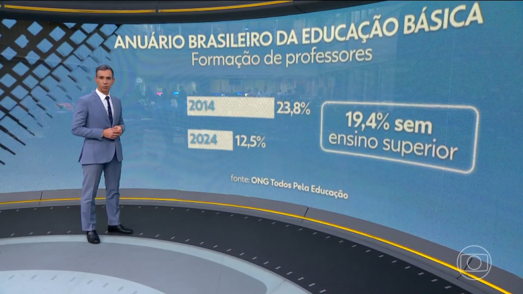 jornalista César Trali ao lado de telão com dados do anuário brasileiro da educação básica