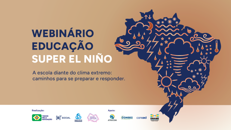 Peça de divulgação do webinário “Educação Super El Niño”, com mapa do Brasil ilustrado por ícones de fenômenos climáticos extremos. O evento aborda como as escolas podem se preparar e responder a essas situações. Na parte inferior, aparecem os logotipos das organizações realizadoras e apoiadoras