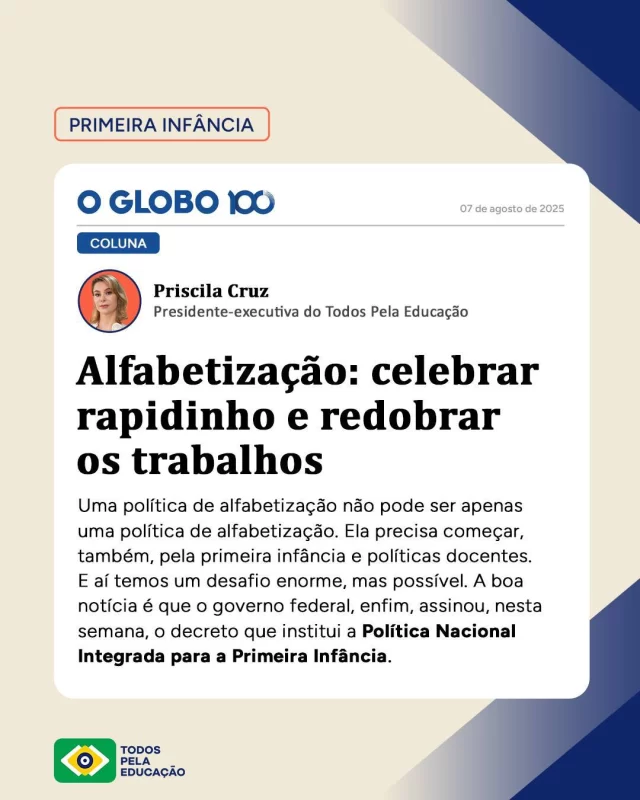 Alfabetizar as crianças na idade certa é um desafio no Brasil, mas é possível, desde que se entenda que, para isso, é necessário um conjunto de políticas que começa pela Primeira Infância e políticas docentes.

O país está caminhando nesse sentido: a Política Nacional Integrada para a Primeira Infância (PNIPI) foi decretada pelo governo federal. Agora, é preciso cumprir um plano que garanta a boa implementação ainda neste mandato presidencial.

Priscila Cruz (@pricruz_educacao) traz essas reflexões em sua estreia como colunista do @jornaloglobo, celebrando avanços recentes “rapidinho” e reforçando o trabalho que ainda há pela frente.

Link para a íntegra nos Stories. 
.
#PraTodosVerem: este post contém texto alternativo.
.
#PolíticaNacionalIntegradaParaPrimeiraInfância #PNIPI #PrimeiraInfância #Alfabetização #PolíticaPública #TodosPelaEducação #EducaçãoJá