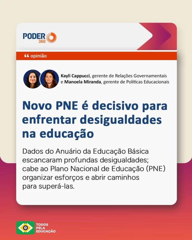 Trajetórias interrompidas, aprendizado insuficiente, barreiras no acesso e condições mínimas negadas. A educação brasileira é marcada por desigualdades e é urgente enfrentá-las.

O Novo Plano Nacional de Educação (PNE) deve ser a resposta para este cenário: com foco em equidade, para que a escola pública cumpra seu papel de romper ciclos de exclusão.

Kayli Cappucci e Manoela Miranda, nossas gerentes de Relações Governamentais e de Políticas Educacionais, respectivamente, reforçam essas questões em artigo no @poder360 (link nos Stories).
.
#PraTodosVerem: este post contém texto alternativo.
.
.
.
#TodosPelaEducação #AnuárioDaEducação #NovoPNE #EducaçãoPública