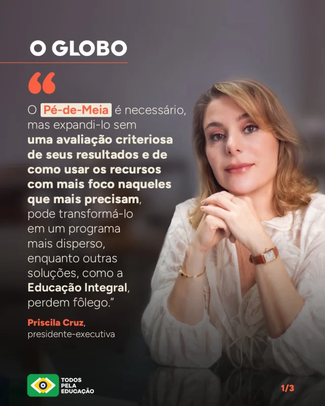 Um remédio certo pode perder efeito na dose errada. Para Priscila Cruz (@pricruz_educacao), o Pé-de-Meia precisa ser bem calibrado: chegar a quem mais precisa, ser avaliado com rigor e avançar sem comprometer recursos de outras políticas que também fazem diferença na educação básica.

Leia a coluna no @jornaloglobo (link nos Stories).
.
#PraTodosVerem: este post contém texto alternativo.
.
.
.
#PéDeMeia #TodosPelaEducação #Educação