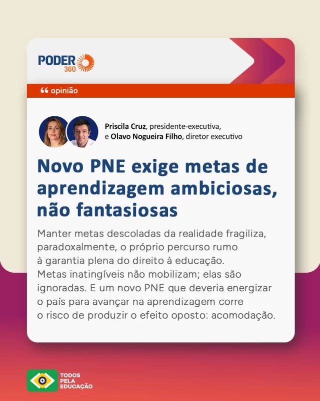 O Plano Nacional de Educação vigente termina neste ano, após prorrogação, e o novo plano para a próxima década ainda está pendente de aprovação na @camaradosdeputados. Mesmo com o prazo se esgotando, a votação foi adiada mais uma vez. 

No @poder360, Priscila Cruz (@pricruz_educacao) e Olavo Nogueira Filho (@olavonogueirafilho) reforçam que este é um momento decisivo: tanto para definição de metas de aprendizagem ambiciosas e factíveis quanto para afastar temas que não pertencem a um plano de metas – como homeschooling e vouchers, ausentes na legislação.

O Brasil merece um “novo PNE” verdadeiramente consequente, capaz de orientar políticas, mobilizar gestores e engajar a sociedade em favor da educação pública.

Link para o artigo nos Stories. 
.
#PraTodosVerem: este post contém texto alternativo.
.
.
.
#NovoPNE