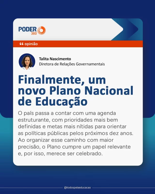 Com a aprovação do Novo Plano Nacional de Educação no Senado Federal (@senadofederal), o Brasil vive um momento onde a ambição ganha forma: temos uma agenda estruturante para a próxima década da educação.

Ainda que este PNE seja um avanço em relação ao vigente, traga metas mais claras e foco em qualidade, Talita Nascimento (@talinascimento) observa que havia ainda aprimoramentos possíveis, que poderiam qualificar ainda mais o Plano, e que o seu sucesso dependerá da execução e coordenação entre os entes federativos.

Leia o artigo completo no @poder360 (link nos Stories).
.
.
.
#PNE