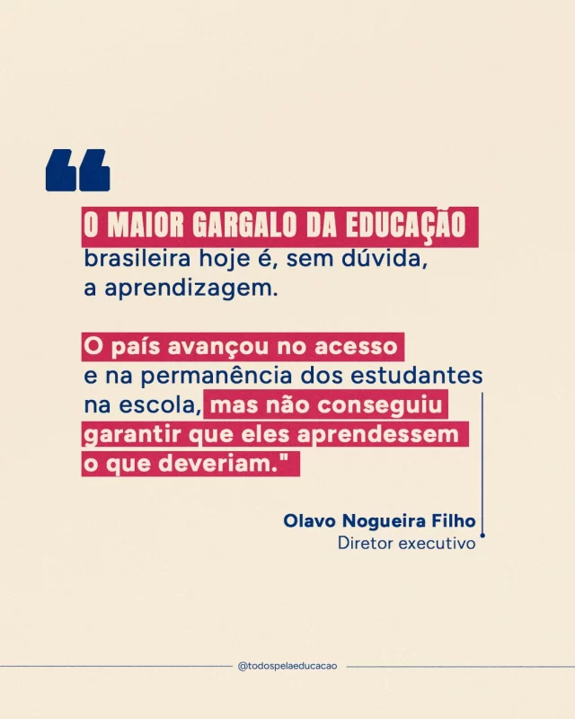 A qualidade da aprendizagem é decisiva para o futuro das crianças e jovens e para os rumos do país. Mas é bem aí que reside o grande desafio da educação brasileira atualmente. 

Com as eleições, este é um momento oportuno para discutir as prioridades e caminhos para o próximo ciclo político - que determinará as bases para concretizarmos avanços na qualidade educacional, rumo ao cumprimento do Novo Plano Nacional de Educação. Quer ver nossas contribuições para essa conversa? Acesse o documento "Dois Movimentos, Uma Só Agenda" (link na bio).
.
#PraTodosVerem: este post contém texto alternativo.
.
.
.
#EducaçãoJá