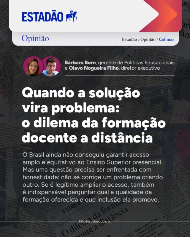 Se queremos professores com o preparo necessário para enfrentar os desafios da aprendizagem, além da complexidade da sala de aula, precisamos de uma formação docente à altura: qualificada e voltada à prática. 

Em artigo no @estadao, Bárbara Born (@barbarabornprof) e Olavo Nogueira Filho (@olavonogueirafilho) refletem sobre questões que fazem com que a conversa sobre formação de professores a distância vá muito além do acesso. Uma vez que incluir significa também que os futuros professores tenham reais condições de exercer bem a profissão. 

Vale ler na íntegra (link no Story). 
.
.
.
#FormaçãoDocente #Professores