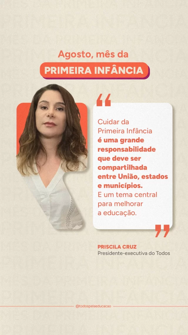 A Primeira Infância é uma fase essencial para o desenvolvimento das crianças.

E garantir que todas elas cresçam com proteção integral à vida, à saúde e à educação é uma responsabilidade de todos os entes federativos.

Neste vídeo, nossa presidente, Priscila Cruz, chama a atenção para o papel dos estados no cuidado integral das crianças brasileiras e comenta, também, sobre a nossa atuação para que a pauta seja colocada como prioridade nas propostas de gestão dos candidatos aos governos estaduais nas eleições deste ano.

Saiba mais na nossa página dedicada à Primeira Infância (link na bio).