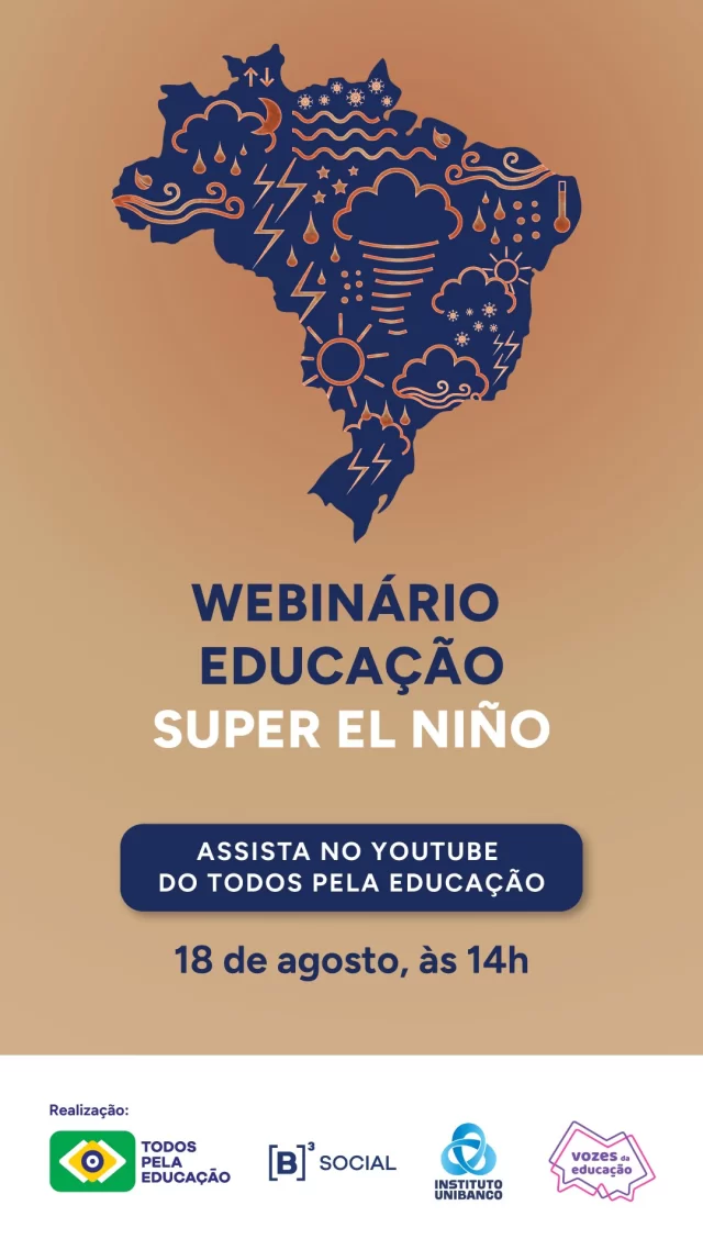 Eventos climáticos extremos exigem redes de ensino mais preparadas e resilientes – precisamos falar sobre isso! 
Vem aí o webinário Educação Super El Niño, amanhã (18), às 14h, ao vivo no nosso canal no YouTube.

As evidências apontam para a previsão de um El Niño forte que se aproxima, com maior risco de eventos climáticos extremos nos próximos meses. É importante que redes de ensino estejam preparadas para agir antes, durante e depois de situações de emergência. 

Neste webinário, que realizaremos com a B3 Social (@b3_oficial), o @institutounibanco e o @vozesdaeducacao_, recomendações serão compartilhadas a fim de apoiar gestores neste desafio. Também serão abordados os riscos, responsabilidades e estratégias. 

Garantir o direito à Educação também passa por preparar as redes de ensino para situações de emergência e proteger, na medida do possível, a continuidade das trajetórias escolares.

PARTICIPAM DO WEBINÁRIO: 
Carolina Campos (@carolcampos.educa) - diretora executiva do Vozes da Educação
Leo Arno Richter - representante da Atricon
Leonardo Pascoal (@leo_pascoal) - presidente do Consec e secretário de educação de Porto Alegre (RS)
Luiz Miguel Garcia (@profluizmiguel) - presidente da Undime e secretário de educação de Nova Odessa (SP)
Patrícia Matsuo - pesquisadora em educação e desastres (UFABC)
Raquel Teixeira (@raquelateixeira) - Secretária de Educação do Rio Grande do Sul

Mediação: Luana Smeets - gerente de Políticas Educacionais do Todos Pela Educação

Apoio técnico: @atricon_oficial, @consec_educacao, @consedbr e @undimenacional.