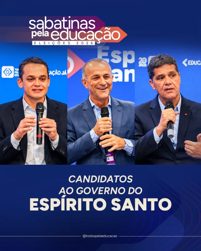 Sabatinas Pela Educação | Ontem (22), realizamos no Espírito Santo mais uma edição das Sabatinas Pela Educação, desta vez, em parceria com a @espiritosantoemacao. Candidatos ao governo do estado apresentaram propostas e responderam a perguntas sobre os desafios e as prioridades para a educação no estado. Estiveram presentes: Lorenzo Pazolini (@lorenzopazolini | Republicanos), Helder Salomão (@heldersalomao | PT) e Ricardo Ferraço (@ricardoferraco | MDB).

O evento teve mediação da nossa presidente-executiva, Priscila Cruz (@pricruz_educacao), e do jornalista André Hees (@andreheescomunicacao). 

E você pode assistir a qualquer momento: as íntegras estão disponíveis no nosso canal do YouTube (link na bio).

As Sabatinas Pela Educação integram a nossa agenda Educação Já nas Eleições 2026. Essa iniciativa busca estimular o debate qualificado sobre a Educação Básica no contexto das eleições de 2026 e ampliar o acesso da sociedade às propostas das candidaturas para a área. Nesta série, reunimos candidatos e candidatas a governos estaduais cujos partidos, coligações e federações contam com pelo menos cinco representantes no Congresso Nacional.
