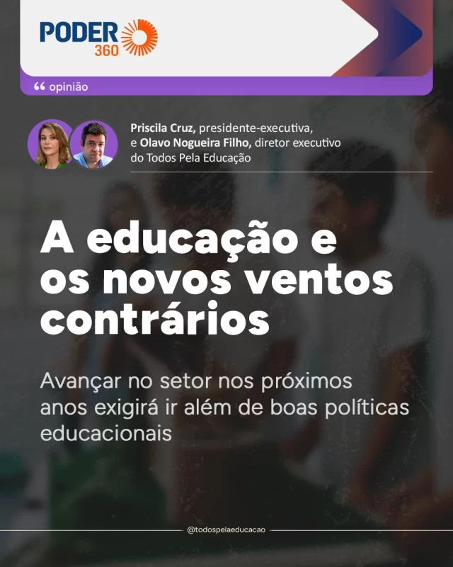 Para a educação avançar de verdade, boas políticas educacionais já não bastam, é preciso ir além. 

Isso porque novos fenômenos vêm ganhando força e afetando condições essenciais para que crianças e jovens aprendam e permaneçam na escola. São desafios que ultrapassam os muros escolares, mas que, justamente por impactarem a aprendizagem, também precisam fazer parte da agenda da educação. 

No último artigo da série sobre o presente e o futuro da educação brasileira, Priscila Cruz (@pricruz_educacao) e Olavo Nogueira Filho (@olavonogueirafilho) discutem 3 desses “ventos contrários”. Descubra quais são no carrossel e leia o artigo na íntegra no @Poder360 (link nos Stories).